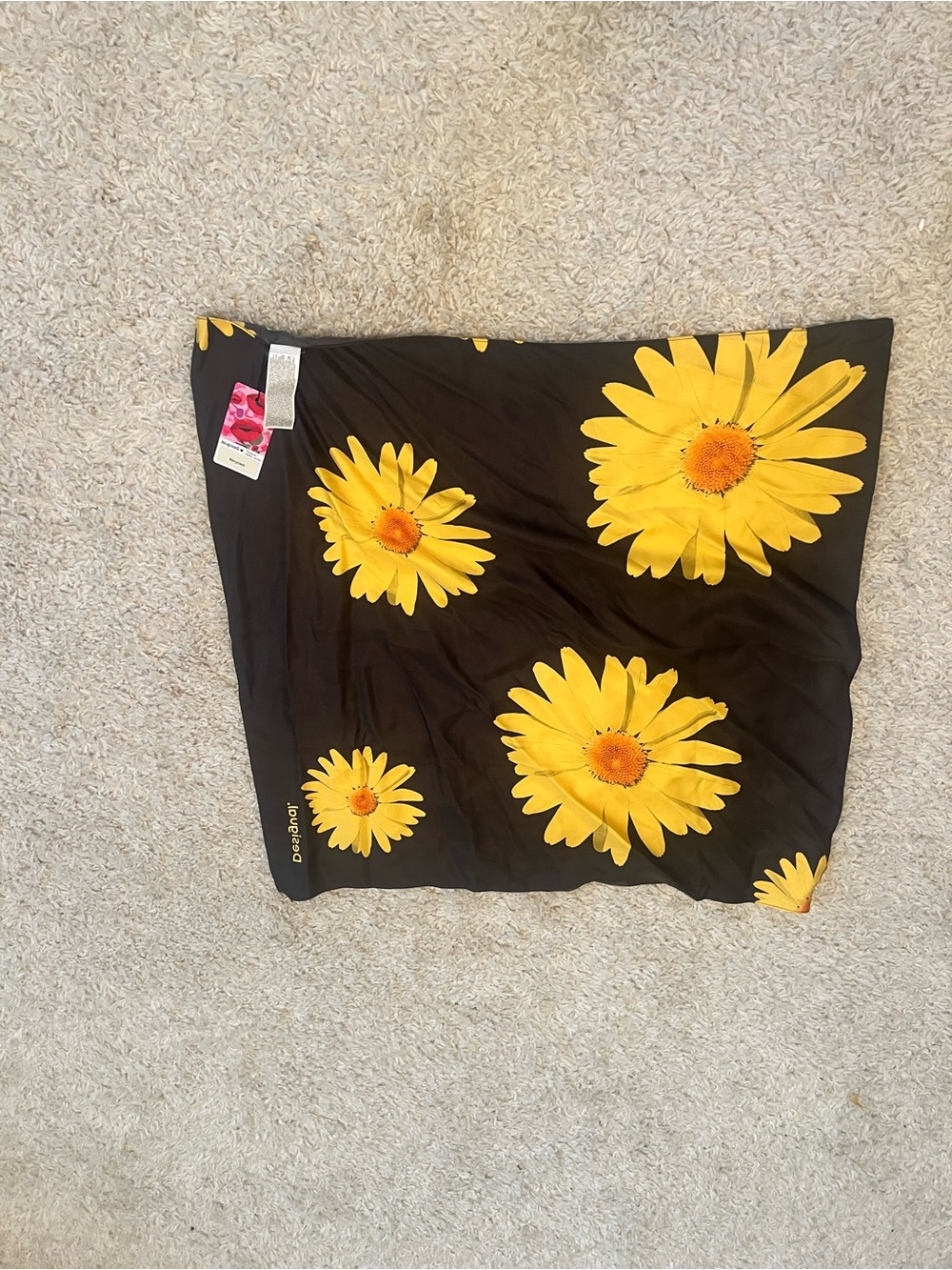 Desigual Black Scarf with Bright Yellow Daisy Motif